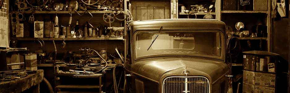 An example of a vintage car garage with tools and equipment for repairing cars