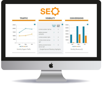 一个桌面屏幕上的SEO报告示例，展示了搜索引擎优化的工作原理。